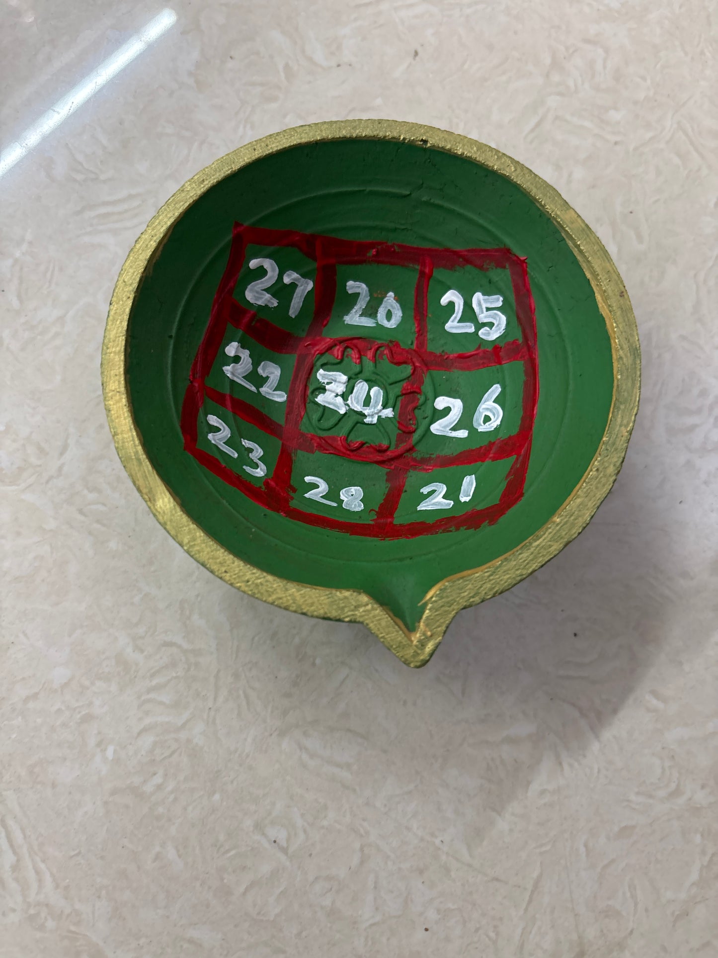 Clay Kubera lamp/ vilakku with green thiri - KUL10