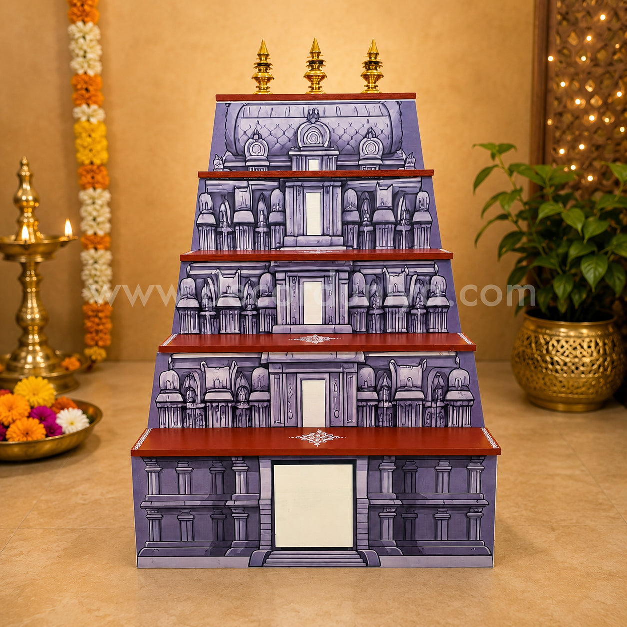 Dismantable 5 step Temple Gopuram Golu Padi with Brass Kalasam | 24 inches Width | 36 inches Height - DGP31