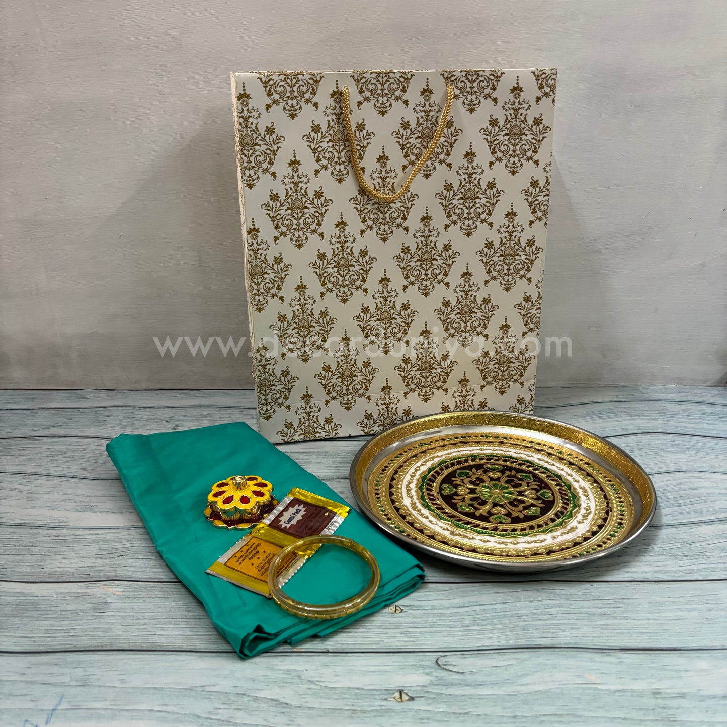 Paper Board Bag, Silk Cotton Blouse Bit | KumKum Holder, Bangles, Manjal KumKum Packet & Stainless Steel Meenakari Plate | Return Gift Combo - RGC4