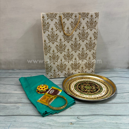 Paper Board Bag, Silk Cotton Blouse Bit | KumKum Holder, Bangles, Manjal KumKum Packet & Stainless Steel Meenakari Plate | Return Gift Combo - RGC4