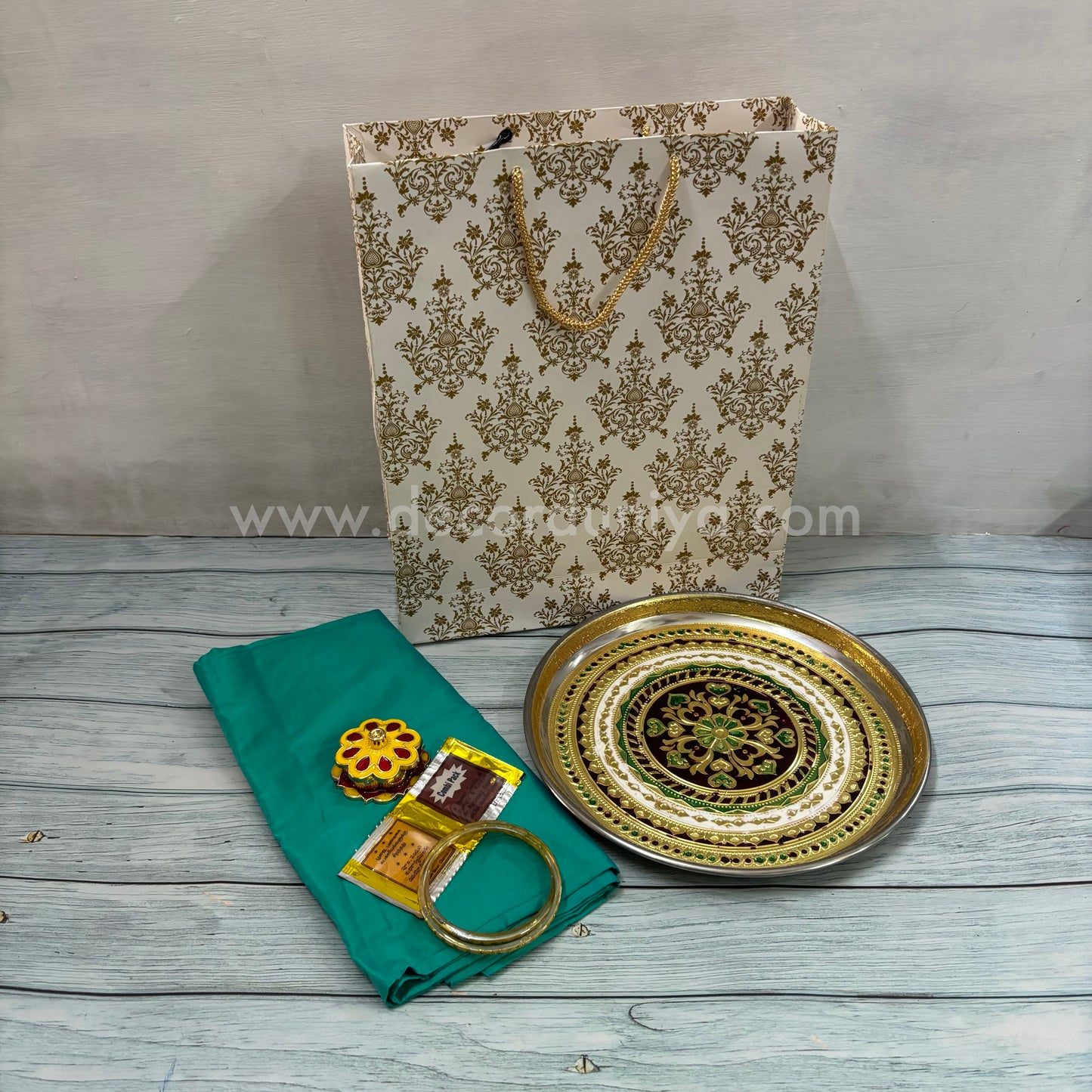 Paper Board Bag, Silk Cotton Blouse Bit | KumKum Holder, Bangles, Manjal KumKum Packet & Stainless Steel Meenakari Plate | Return Gift Combo - RGC4