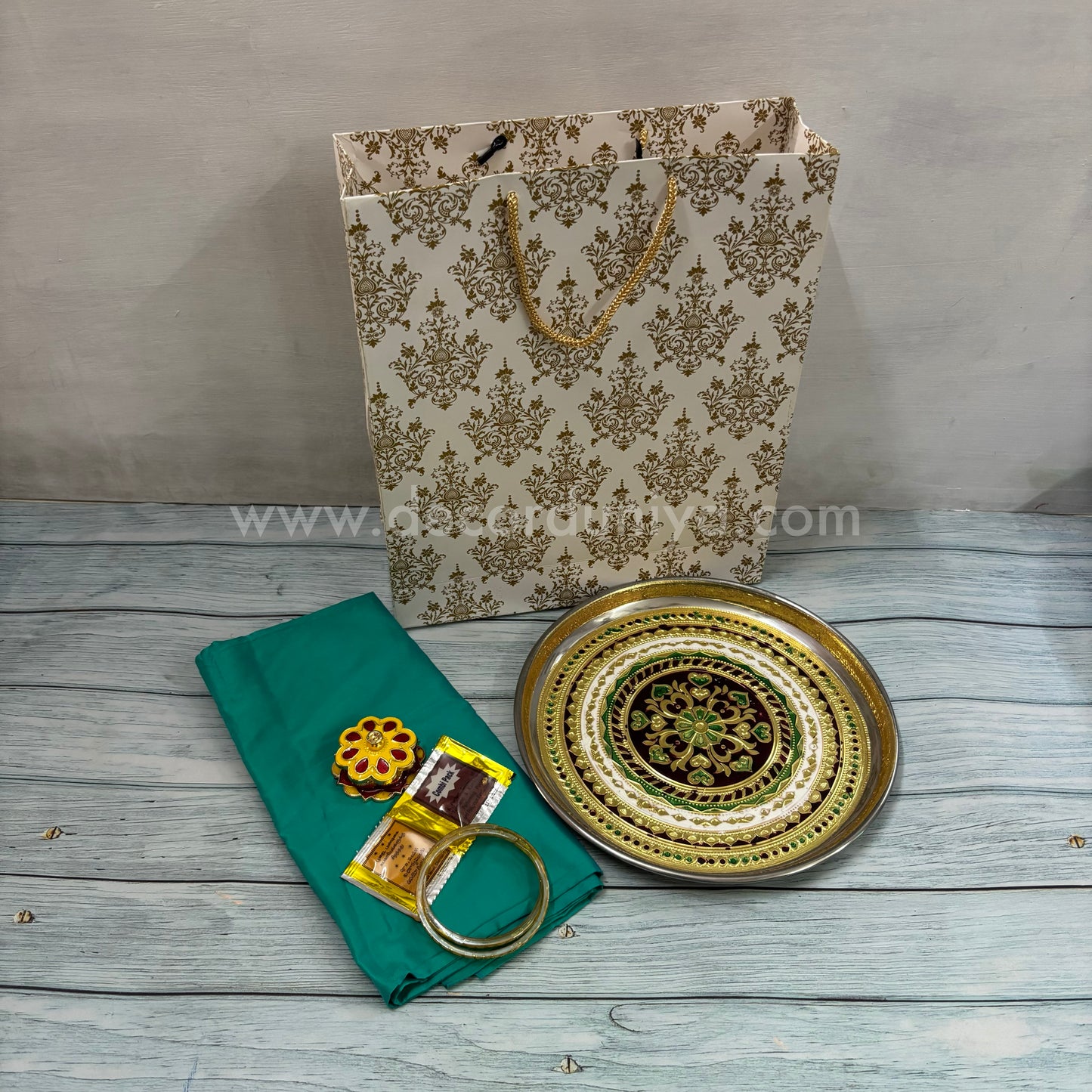 Paper Board Bag, Silk Cotton Blouse Bit | KumKum Holder, Bangles, Manjal KumKum Packet & Stainless Steel Meenakari Plate | Return Gift Combo - RGC4