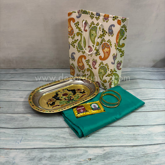 Paper Board Bag, Silk Cotton Blouse Bit | Bangles, Manjal KumKum Packet & Stainless Steel Meenakari Plate | Return Gift Combo - RGC5