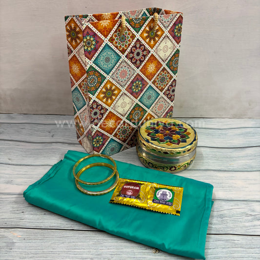 Paper Board Bag, Silk Cotton Blouse Bit | Bangles, Manjal KumKum Packet & Stainless Steel Meenakari Poori Box | Return Gift Combo - RGC6