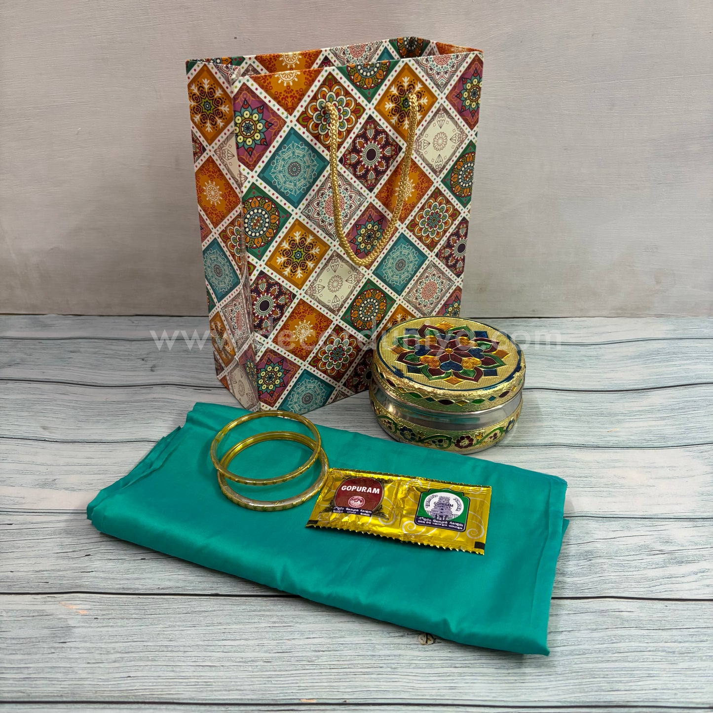 Paper Board Bag, Silk Cotton Blouse Bit | Bangles, Manjal KumKum Packet & Stainless Steel Meenakari Poori Box | Return Gift Combo - RGC6