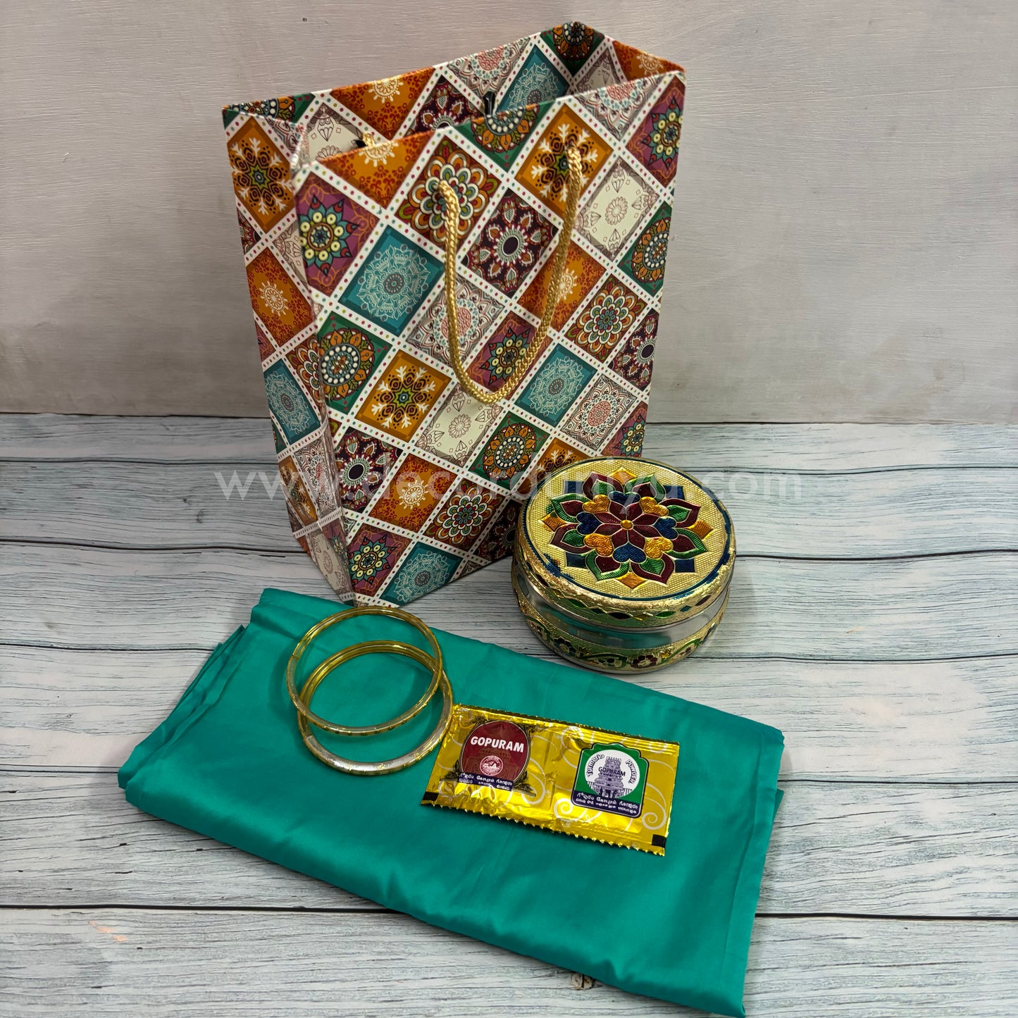 Paper Board Bag, Silk Cotton Blouse Bit | Bangles, Manjal KumKum Packet & Stainless Steel Meenakari Poori Box | Return Gift Combo - RGC6