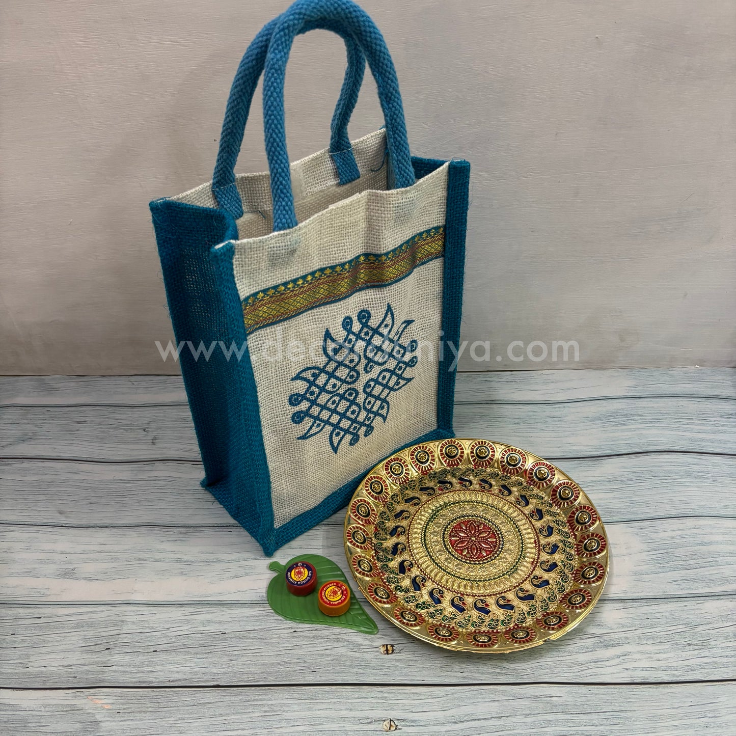 Jute Bag, Meenakari Plate, Manjal Kum Kum Packet | Return Gift Combo - RGC8