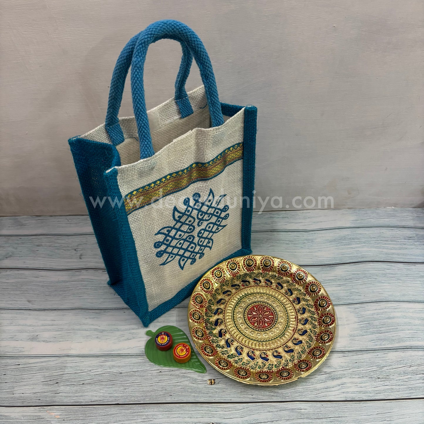Jute Bag, Meenakari Plate, Manjal Kum Kum Packet | Return Gift Combo - RGC8
