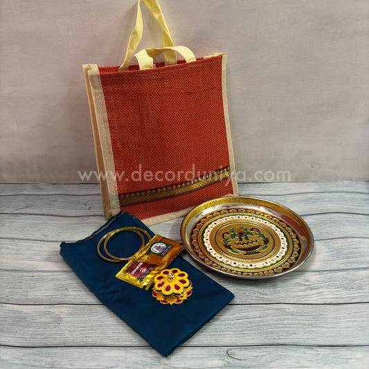 Jute Bag, Meenakari Plate, Silk Cotton Blouse, Bangles, Manjal Kum Kum Packet, Kum Kum Holder| Return Gift Combo - RGC9