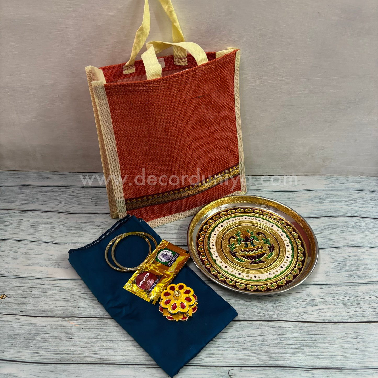 Jute Bag, Meenakari Plate, Silk Cotton Blouse, Bangles, Manjal Kum Kum Packet, Kum Kum Holder| Return Gift Combo - RGC9