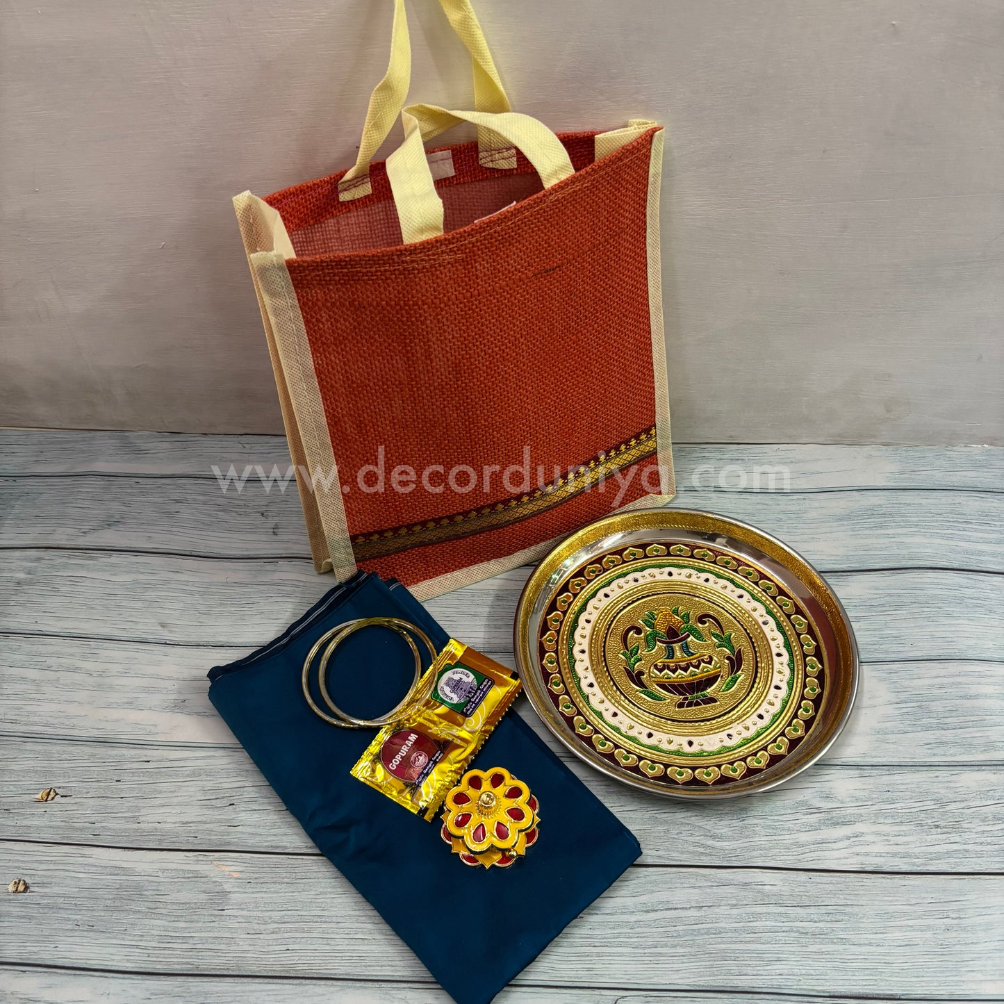 Jute Bag, Meenakari Plate, Silk Cotton Blouse, Bangles, Manjal Kum Kum Packet, Kum Kum Holder| Return Gift Combo - RGC9