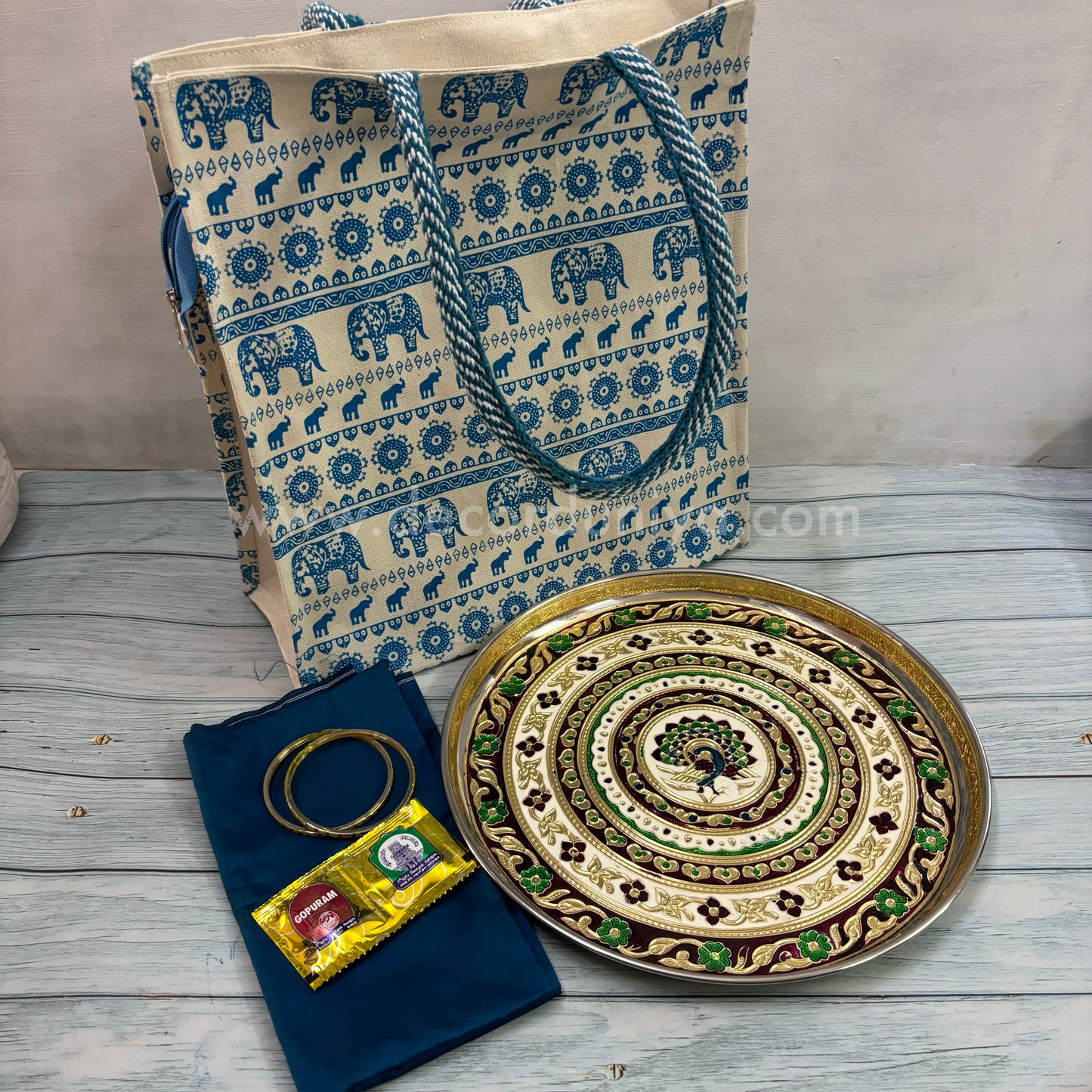 High Quality Canvas Bag, SS Meenakari Plate, Silk Cotton Blouse, Bangles and Manjal Kum Kum Packet | Return Gift Combo - RGC10