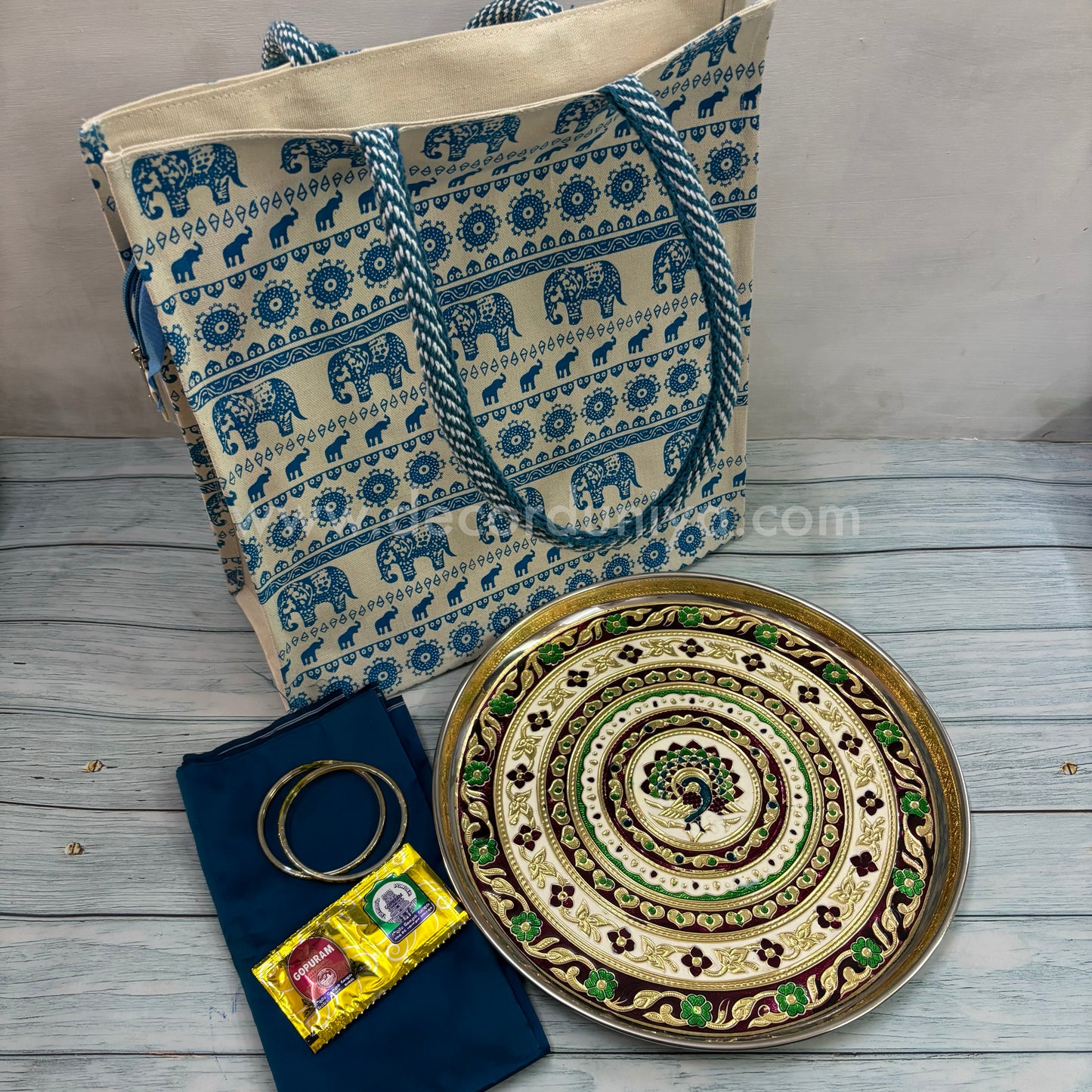 High Quality Canvas Bag, SS Meenakari Plate, Silk Cotton Blouse, Bangles and Manjal Kum Kum Packet | Return Gift Combo - RGC10