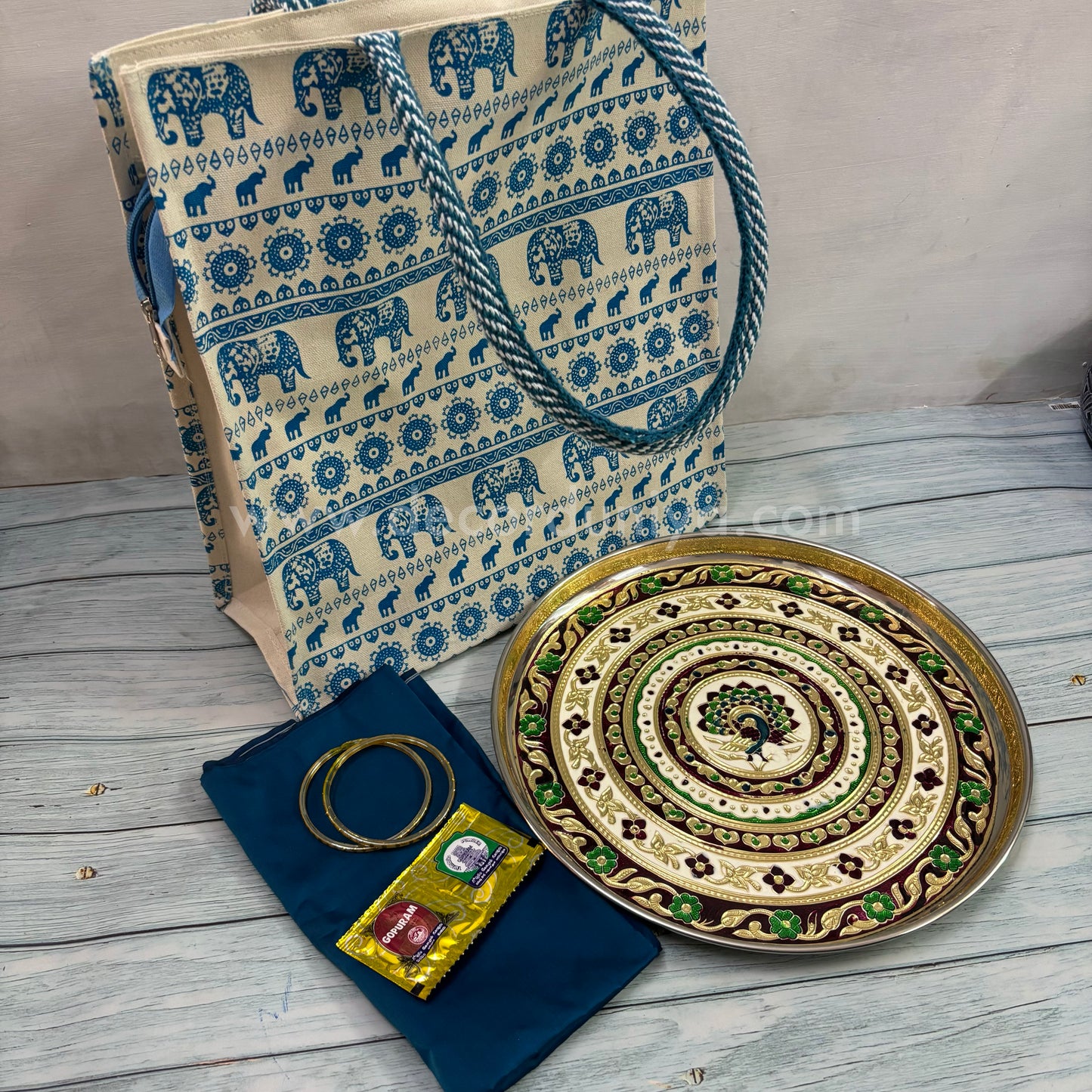 High Quality Canvas Bag, SS Meenakari Plate, Silk Cotton Blouse, Bangles and Manjal Kum Kum Packet | Return Gift Combo - RGC10