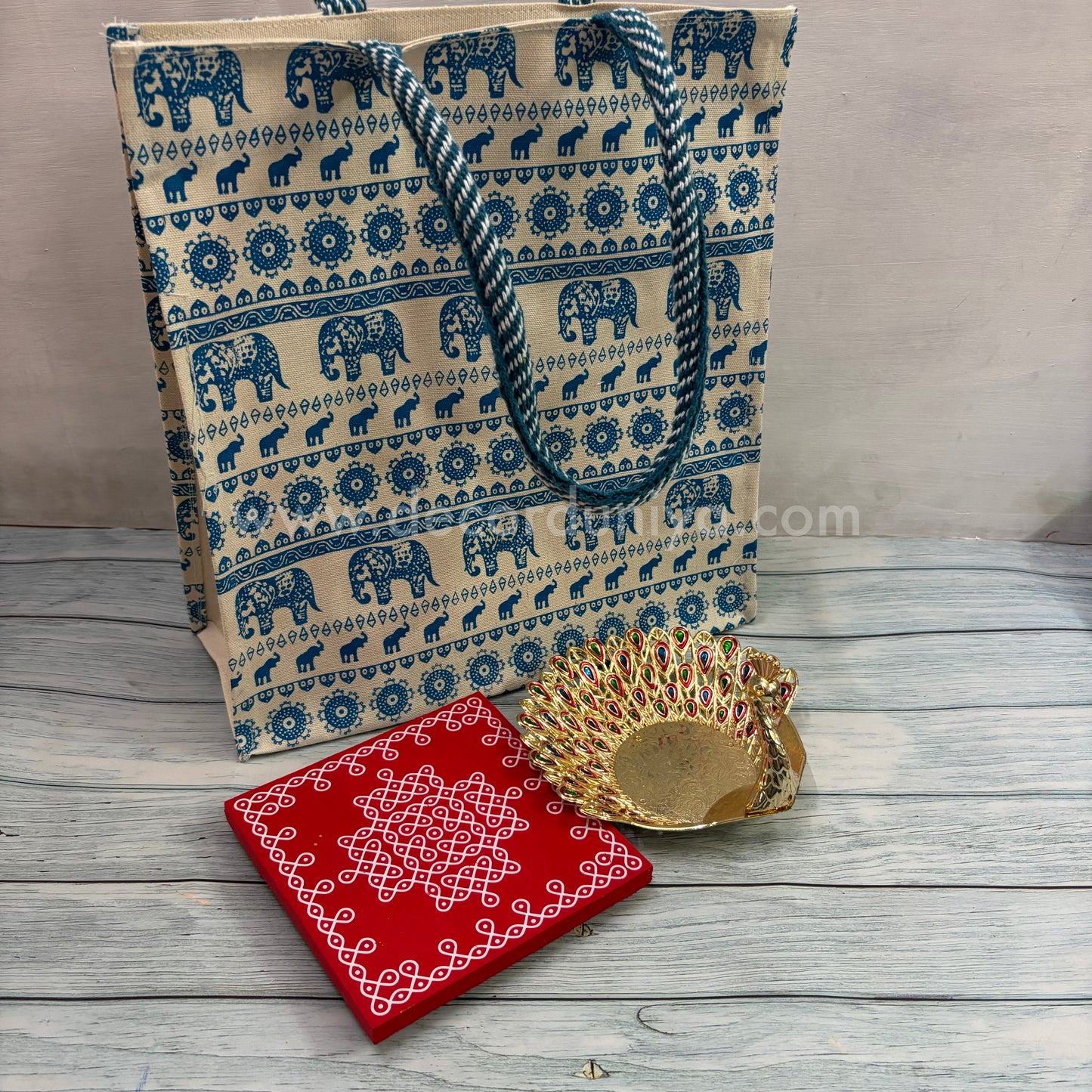 Fine Quality Canvas Bag, Wooden Manai and Meenakari Peacock Candle Light Holder | Return Gift Combo - RGC11
