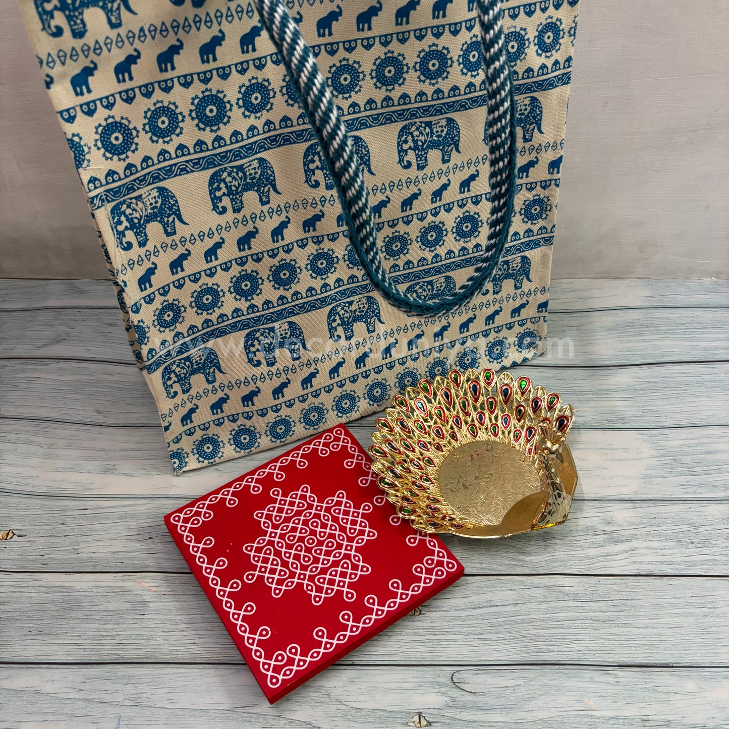 Fine Quality Canvas Bag, Wooden Manai and Meenakari Peacock Candle Light Holder | Return Gift Combo - RGC11