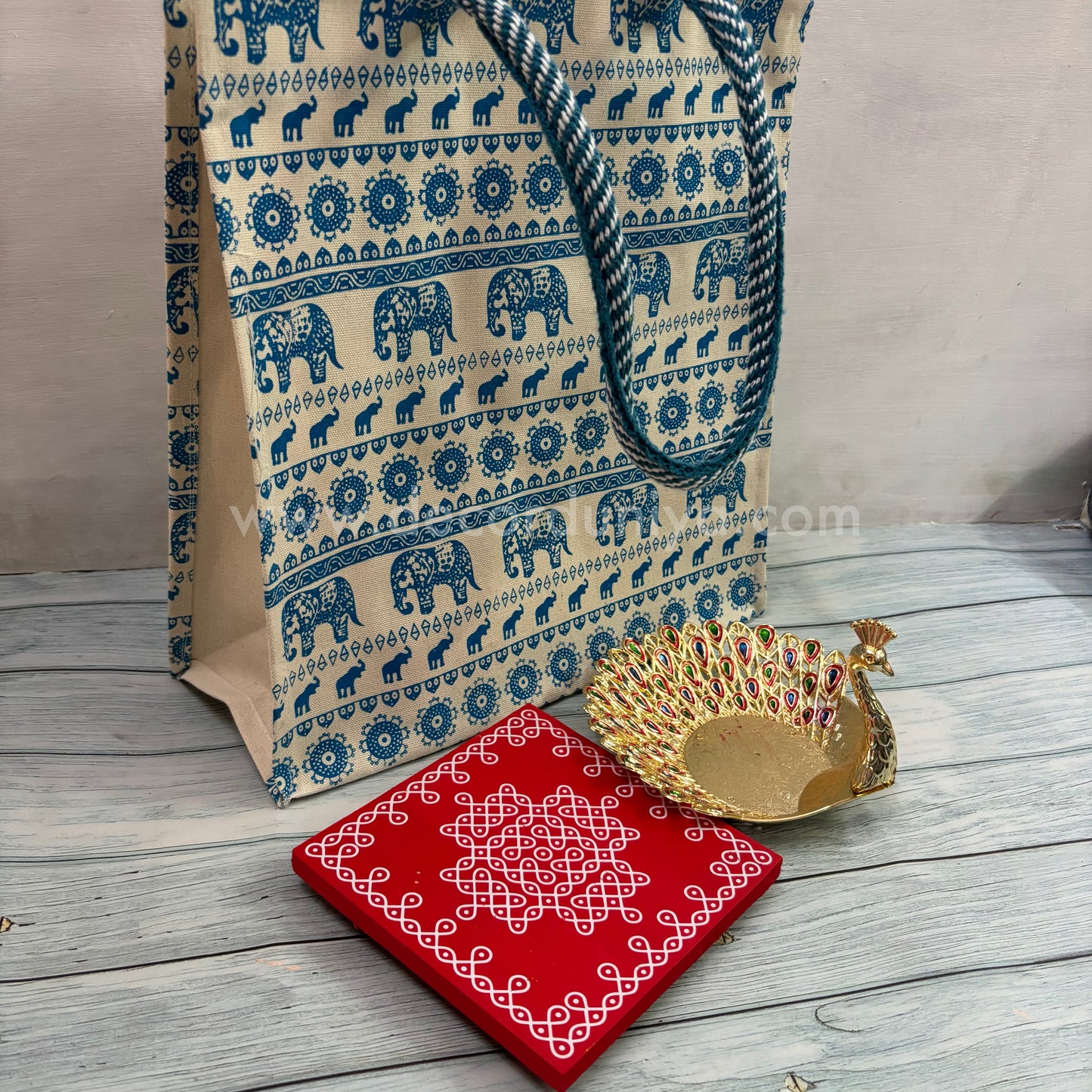 Fine Quality Canvas Bag, Wooden Manai and Meenakari Peacock Candle Light Holder | Return Gift Combo - RGC11