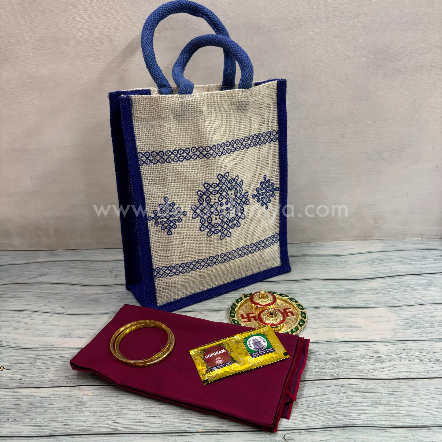 Jute Bag, Silk Cotton Blouse, Bangles, Kum Kum Holder and Manjal Kum Kum Packet | Return Gift Combo - RGC12