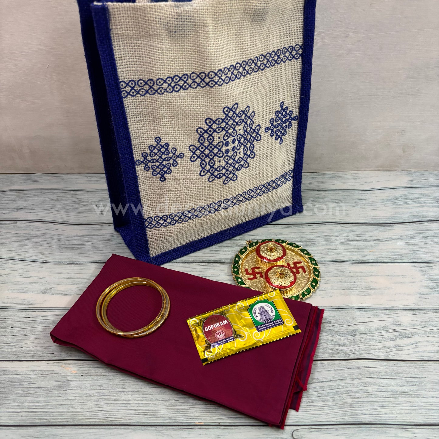 Jute Bag, Silk Cotton Blouse, Bangles, Kum Kum Holder and Manjal Kum Kum Packet | Return Gift Combo - RGC12