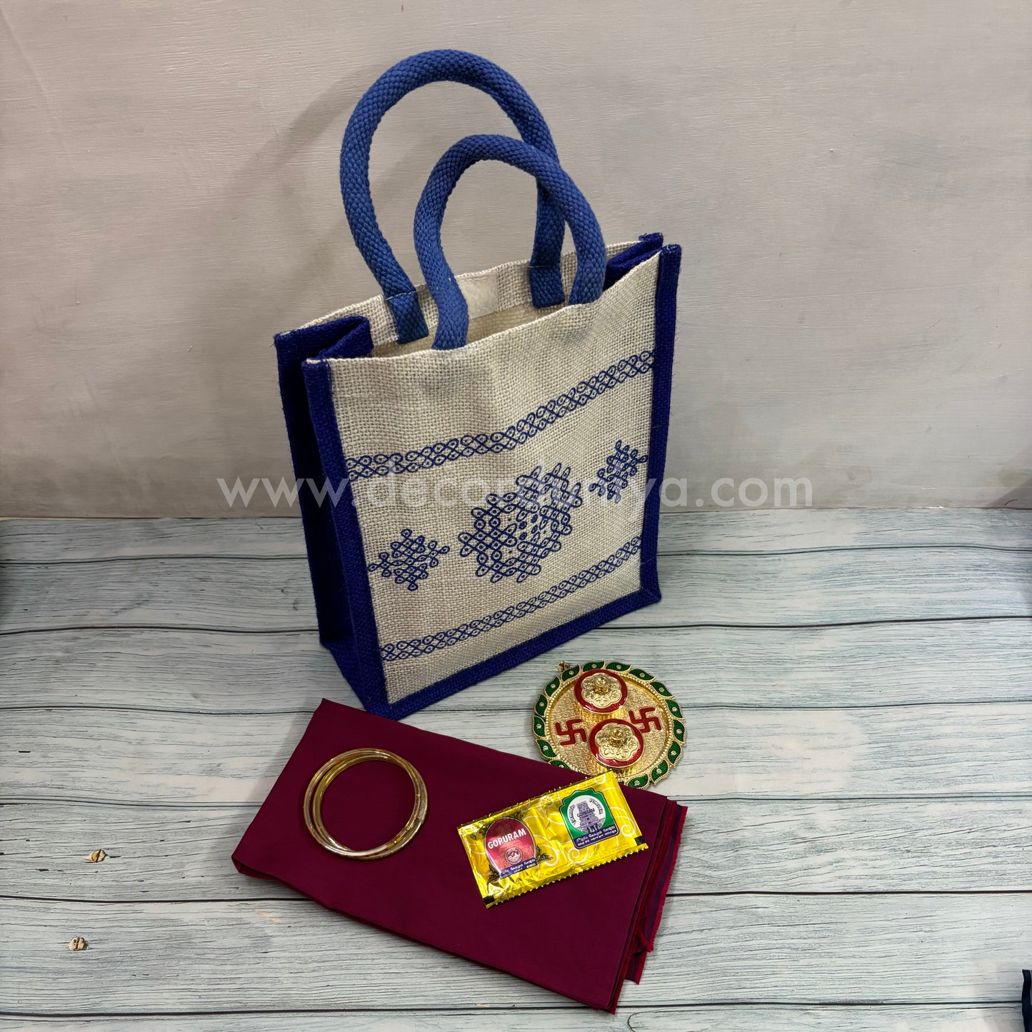Jute Bag, Silk Cotton Blouse, Bangles, Kum Kum Holder and Manjal Kum Kum Packet | Return Gift Combo - RGC12