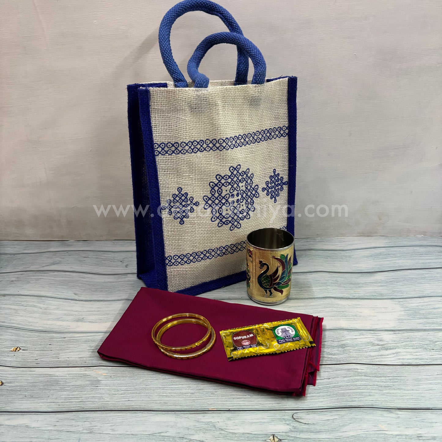Jute Bag, Silk Cotton Blouse Bit, Bangles, Manjal Kum Kum Packet and SS Meenakari Tumbler | Return Gift Combo - RGC15