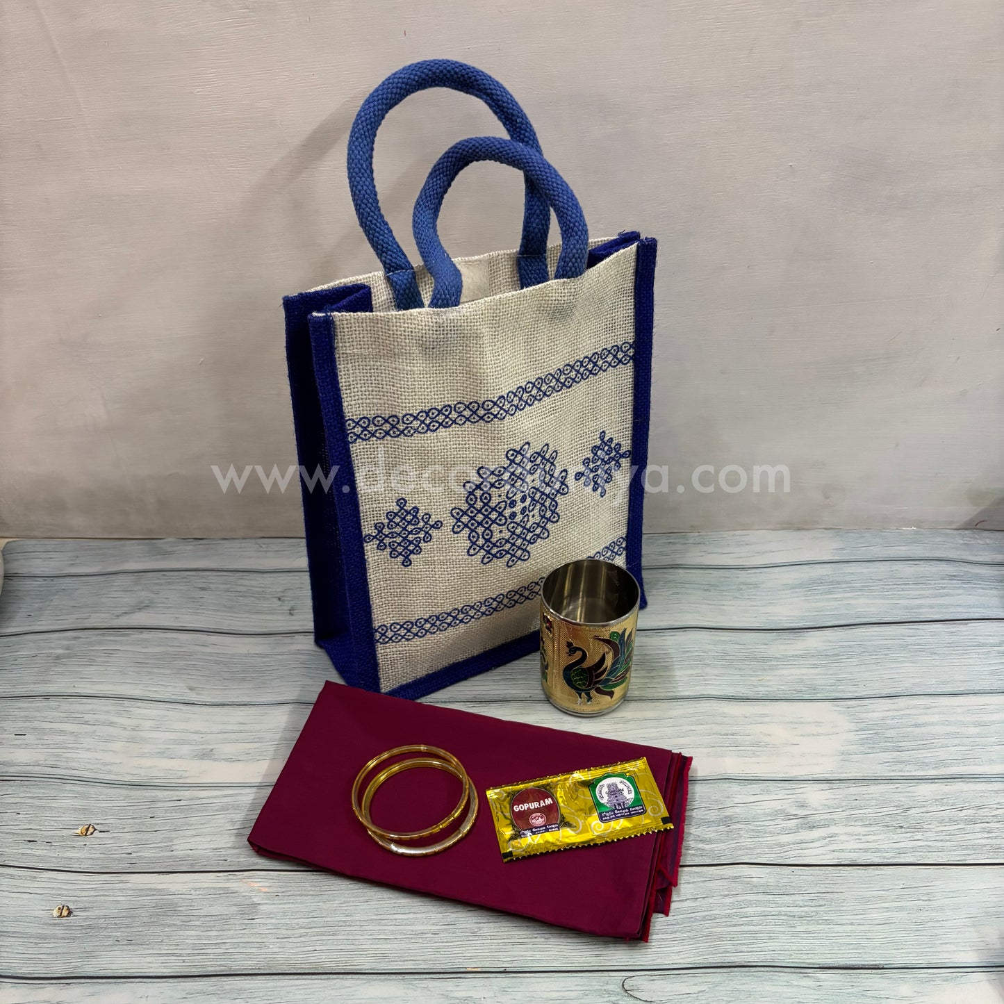 Jute Bag, Silk Cotton Blouse Bit, Bangles, Manjal Kum Kum Packet and SS Meenakari Tumbler | Return Gift Combo - RGC15