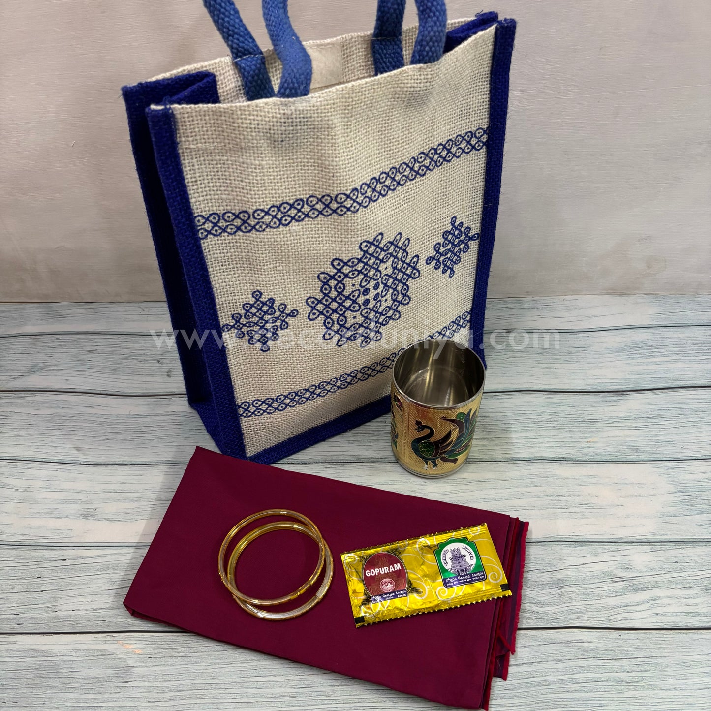 Jute Bag, Silk Cotton Blouse Bit, Bangles, Manjal Kum Kum Packet and SS Meenakari Tumbler | Return Gift Combo - RGC15
