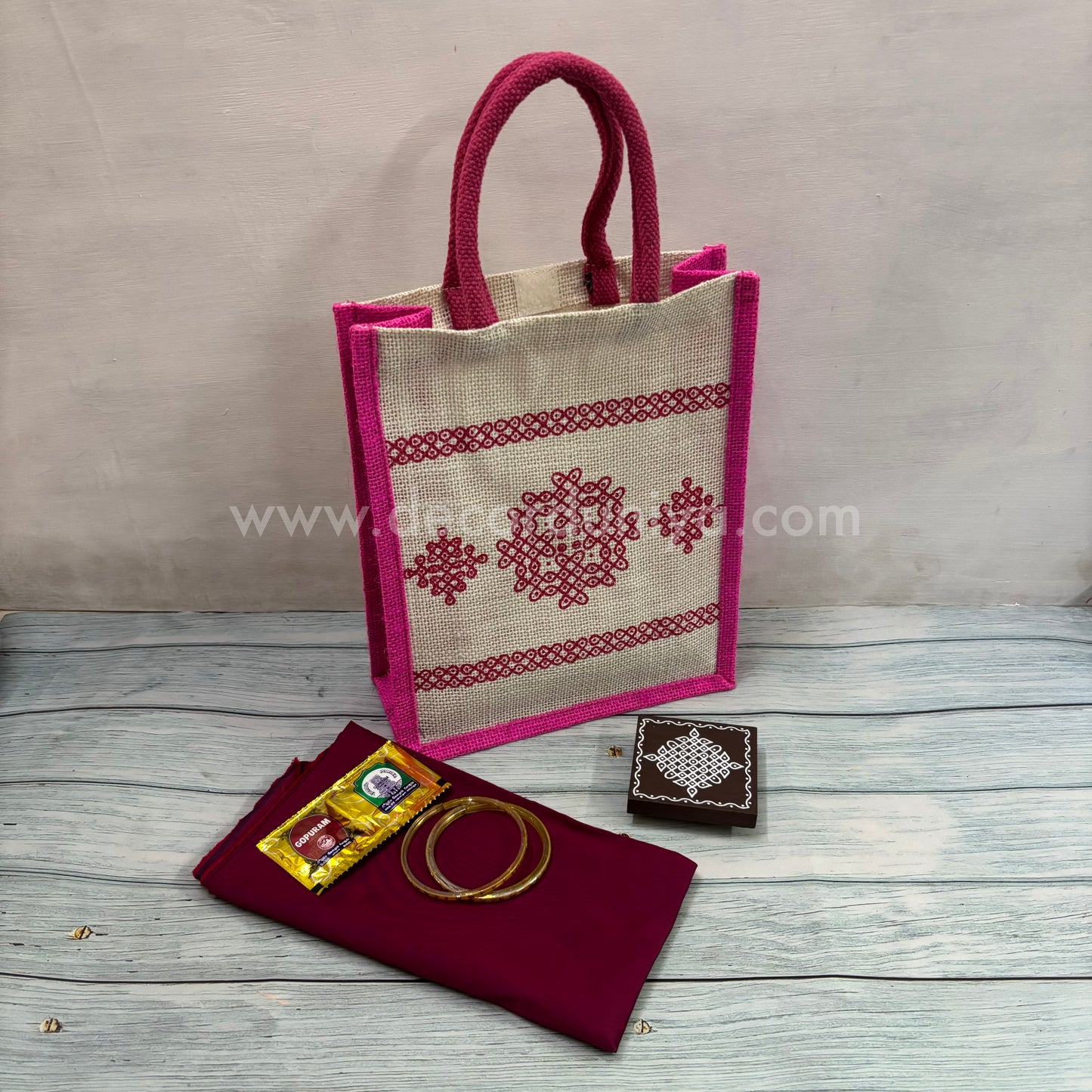 Jut Bag, Wooden Kolam Manai, Silk Cotton Blouse, Bangles and Manjal Kum Kum Packet | Return Gift Combo - RGC13