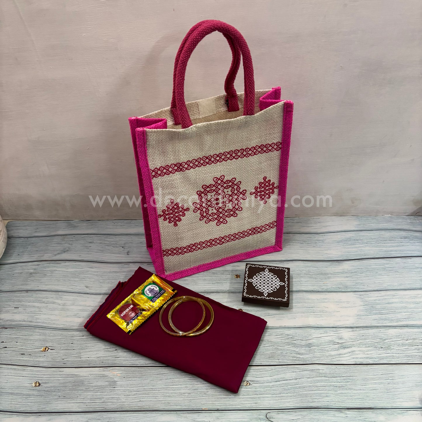 Jut Bag, Wooden Kolam Manai, Silk Cotton Blouse, Bangles and Manjal Kum Kum Packet | Return Gift Combo - RGC13