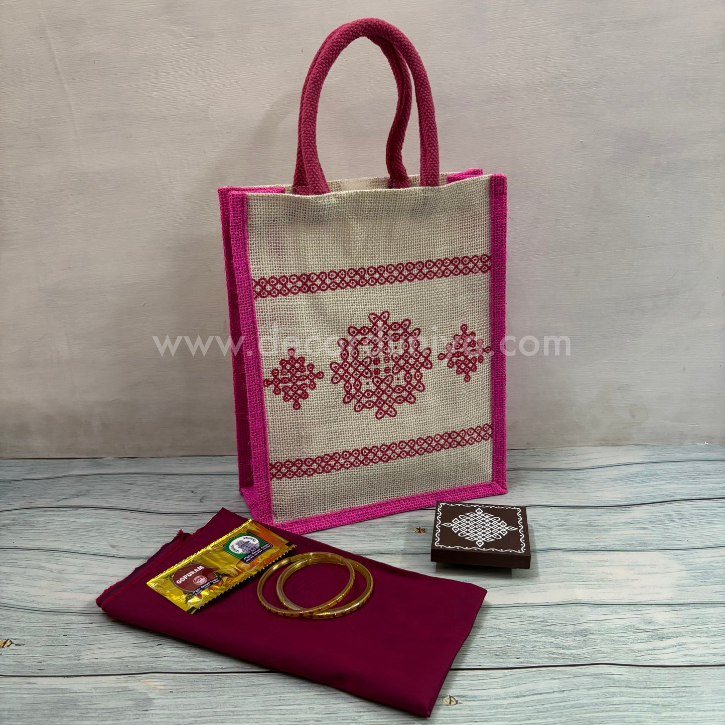 Jut Bag, Wooden Kolam Manai, Silk Cotton Blouse, Bangles and Manjal Kum Kum Packet | Return Gift Combo - RGC13