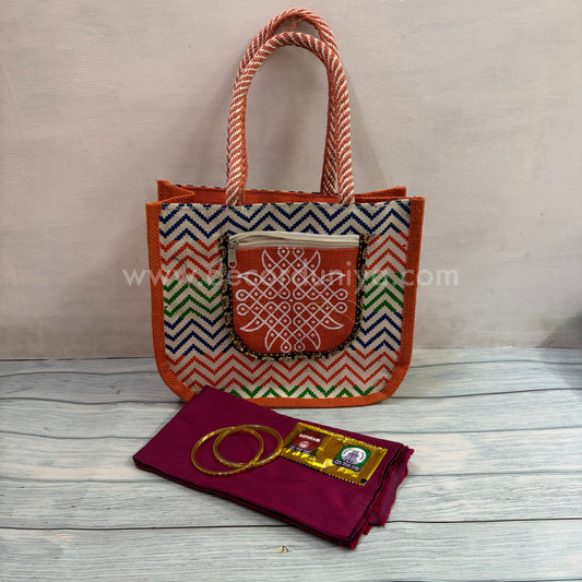 Jute Hand Bag, Silk Cotton Blouse Bit, Bangles, Manjal KumKum Packet | Return Gift Combo - RGC18