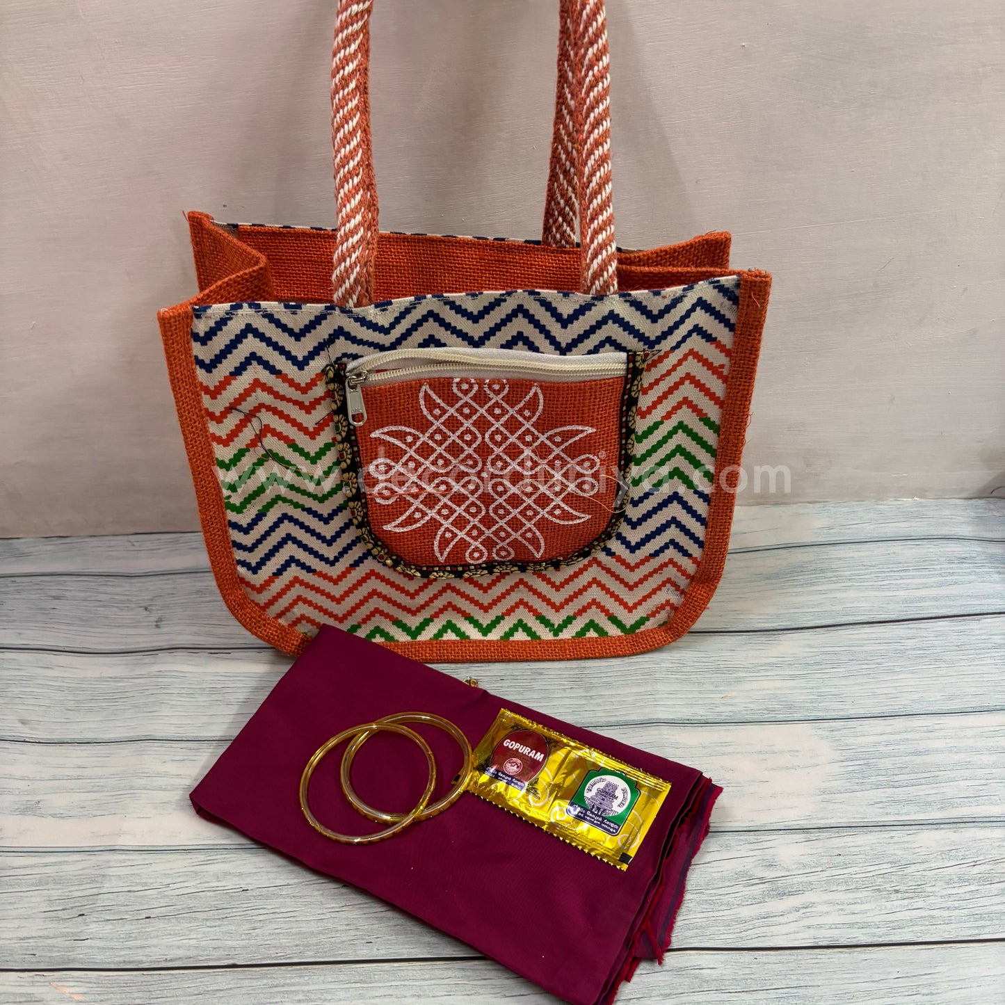 Jute Hand Bag, Silk Cotton Blouse Bit, Bangles, Manjal KumKum Packet | Return Gift Combo - RGC18