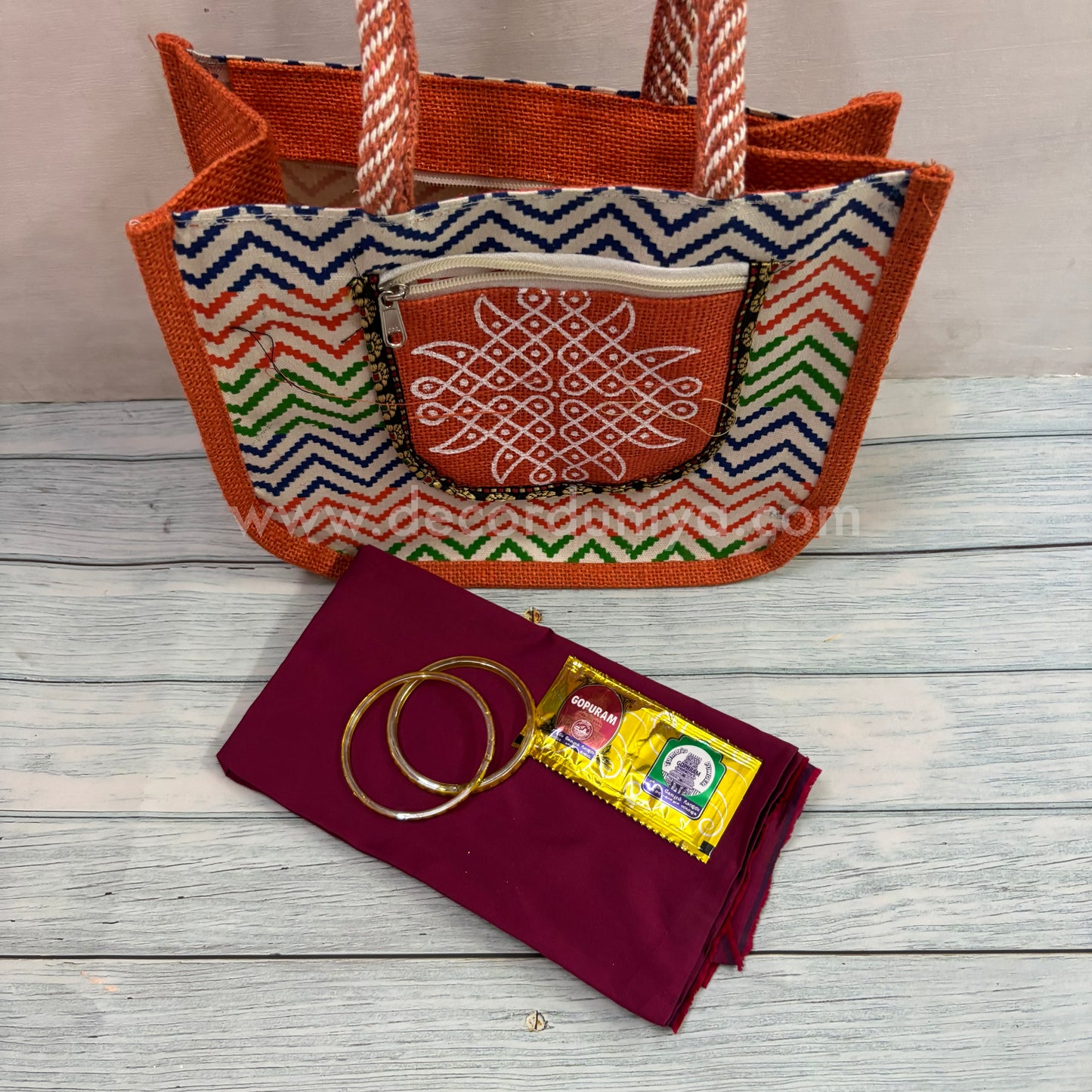 Jute Hand Bag, Silk Cotton Blouse Bit, Bangles, Manjal KumKum Packet | Return Gift Combo - RGC18