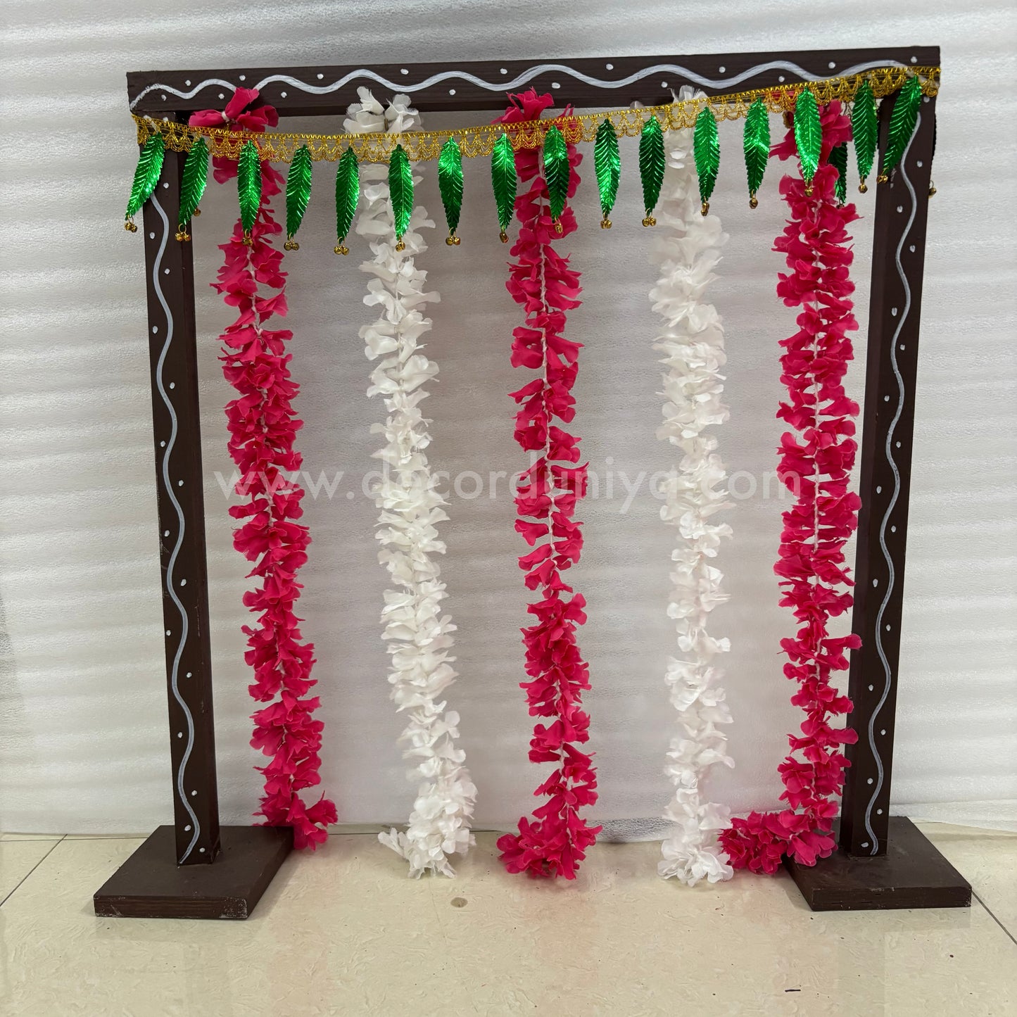 Backdrop Flower Stand for Pooja with Green Thoranam and Fabric Flower - BFS07