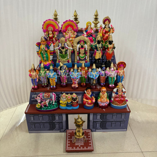 Dismantable 5 step Temple Gopuram Golu Padi with Clay Golu Dolls | 24 inches Width - CG107