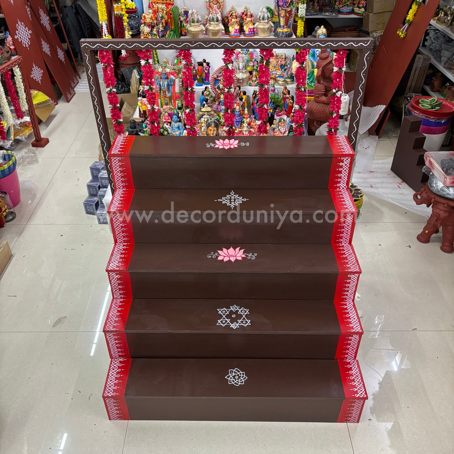 Dismantable 5 step Golu Padi | 36 inches Width | With Backdrop flower Stand - DGP25