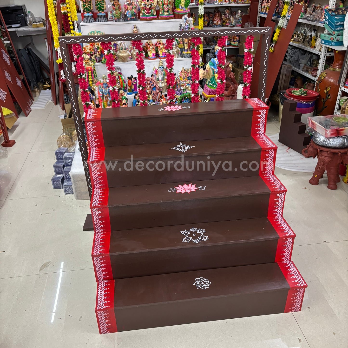 Dismantable 5 step Golu Padi | 36 inches Width | With Backdrop flower Stand - DGP25