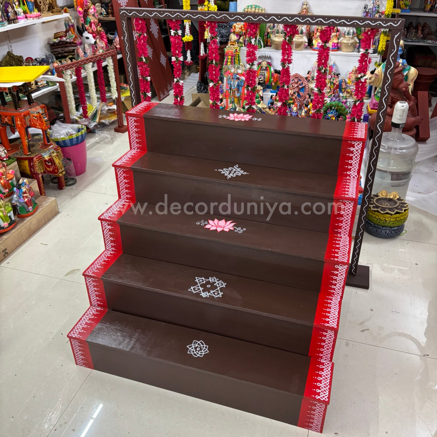 Dismantable 5 step Golu Padi | 36 inches Width | With Backdrop flower Stand - DGP25