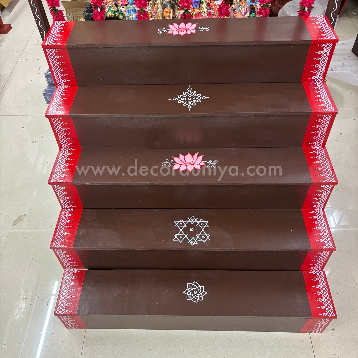 Dismantable 5 step Golu Padi | 36 inches Width | With Backdrop flower Stand - DGP25