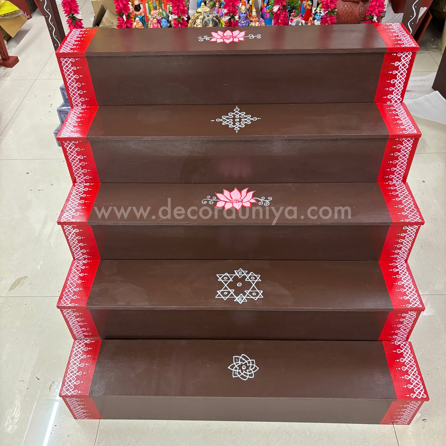 Dismantable 5 step Golu Padi | 36 inches Width | With Backdrop flower Stand - DGP25