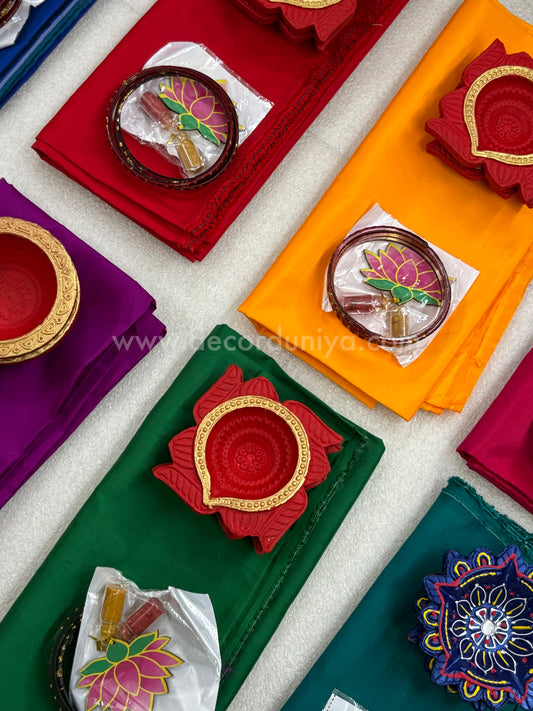 Silk Cotton Blouse Bit, Agal Vilakku, Manjal Kum Kum with Lotus and Bangles | Return Gift Combo - RGC20