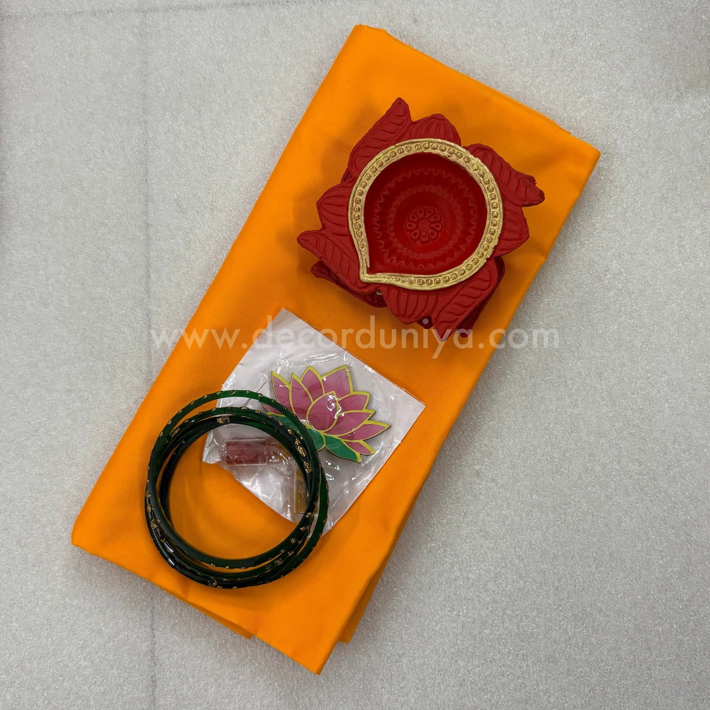 Silk Cotton Blouse Bit, Agal Vilakku, Manjal Kum Kum with Lotus and Bangles | Return Gift Combo - RGC20