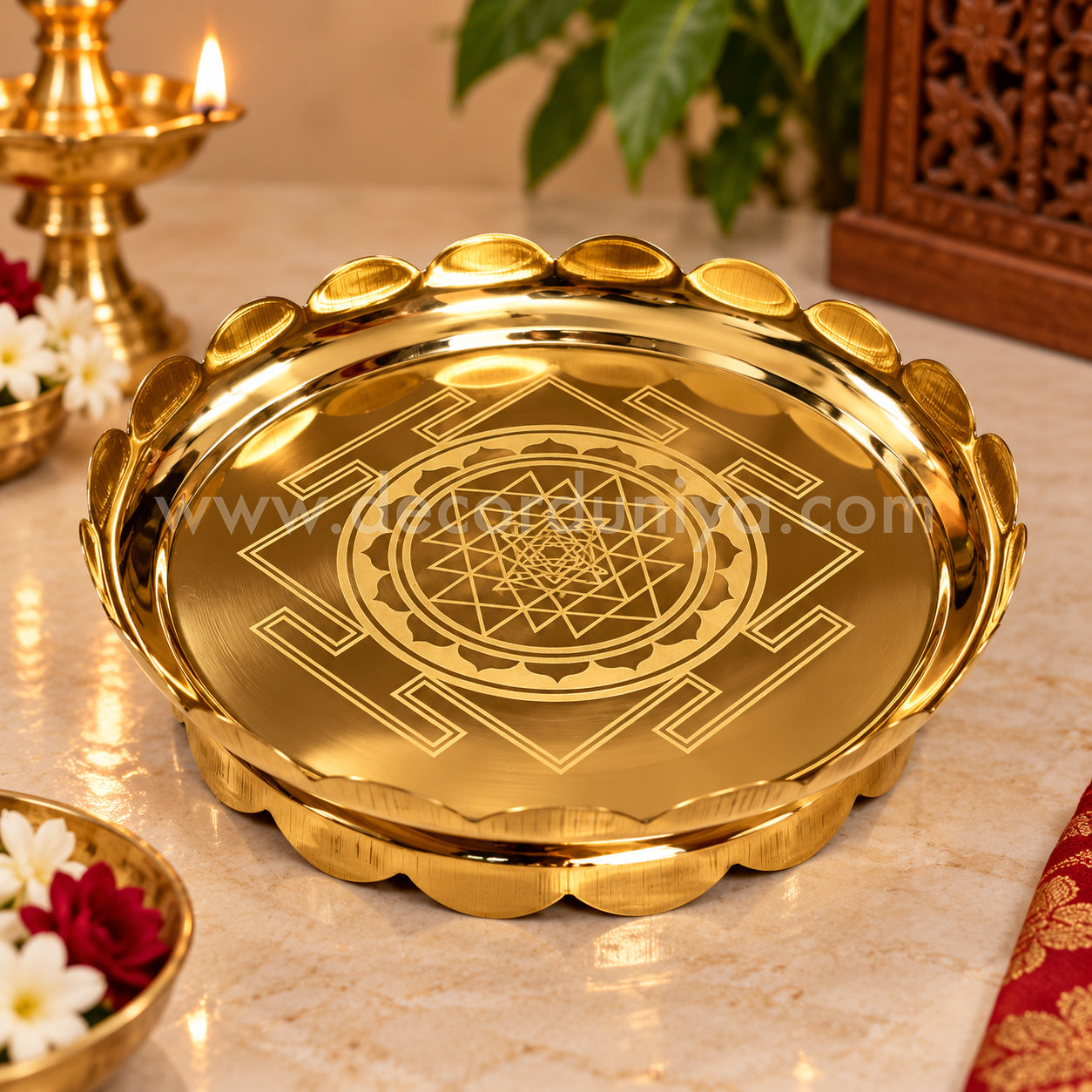 Brass Lotus Urli Bowl with Shri Chakra Engraving | Pooja & Diya Bowl | Home Temple Décor & Housewarming Gift – LB92