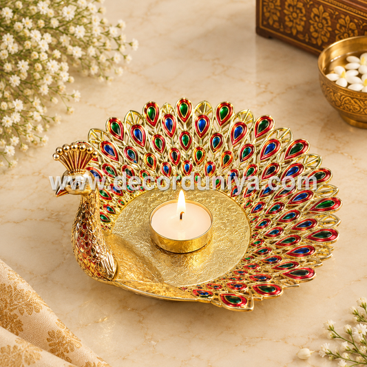 Meenakari Peacock Candle Light Holder | Multipurpose Tray - PA2