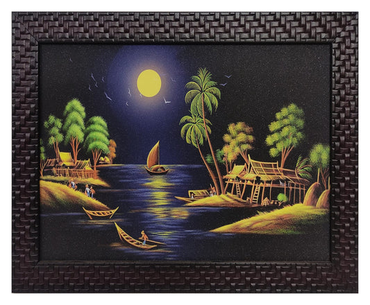 Full Moon Village Scenery Painting with Print Frame - PF0017