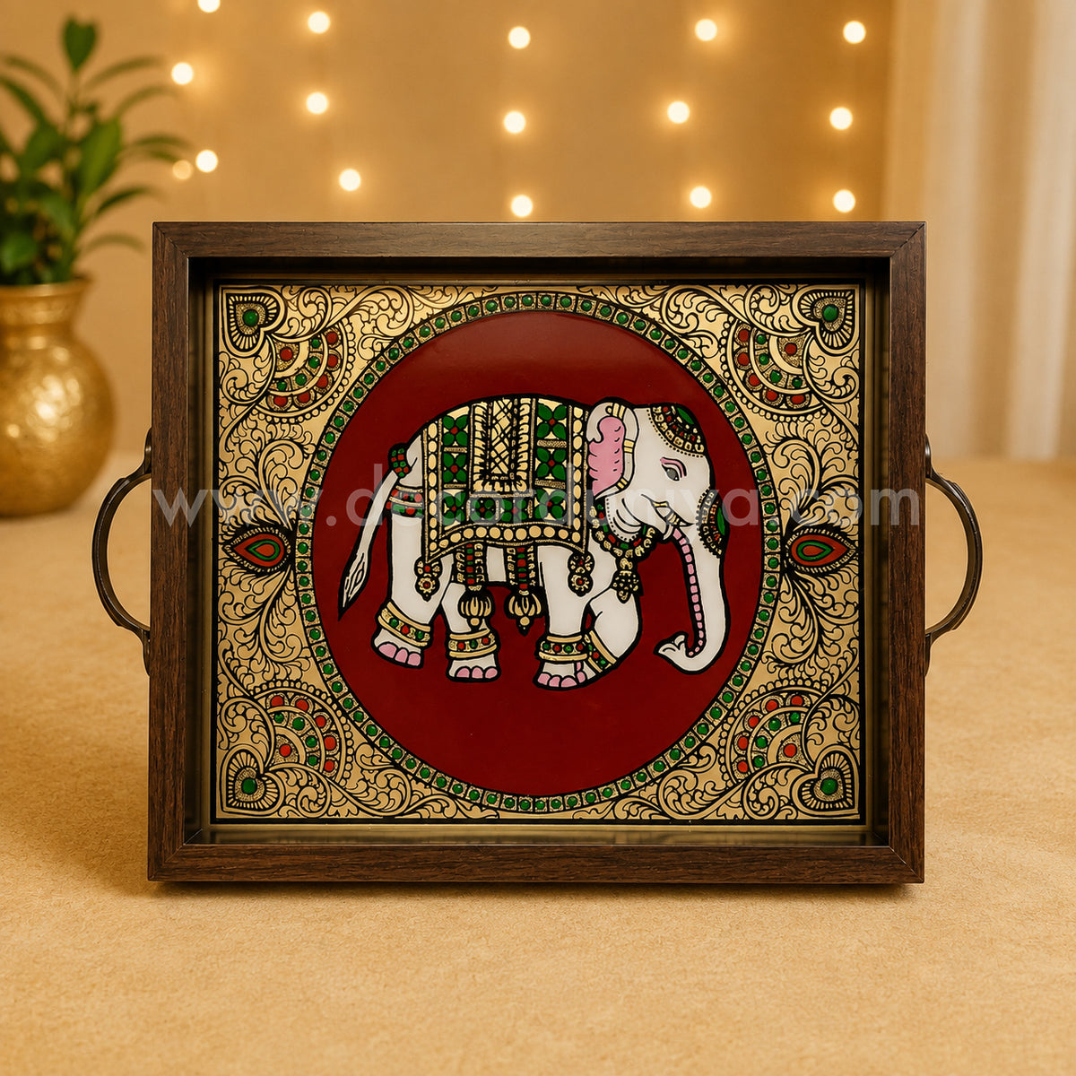 Elephant Multipurpose Tray with Reverse Glass Painting | Traditional Tanjore Art – PVK11