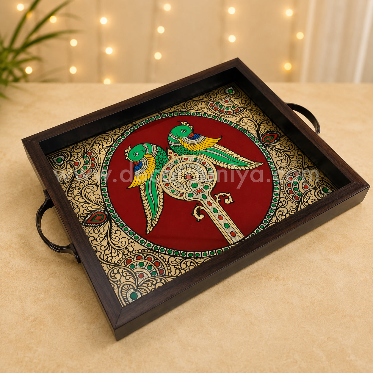 Twin Parrot Multipurpose Peacock Tray with Reverse Glass Painting | Traditional Tanjore Art – PVK12
