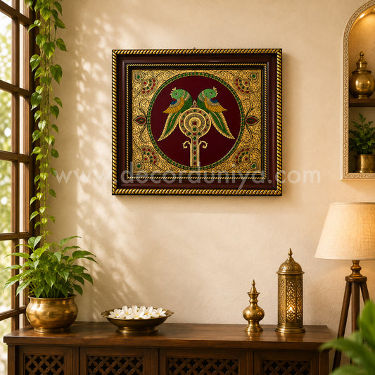 Twin Parrot Wall Hanging Frame with Reverse Glass Painting | Traditional Tanjore Art – PVK16