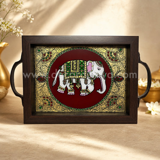 Elephant Multipurpose Tray with Reverse Glass Painting | Traditional Tanjore Art – PVK2