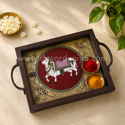 Pichwai - Multipurpose Peacock Tray | Reverse Glass Painting | Tanjore Artwork - PVK22
